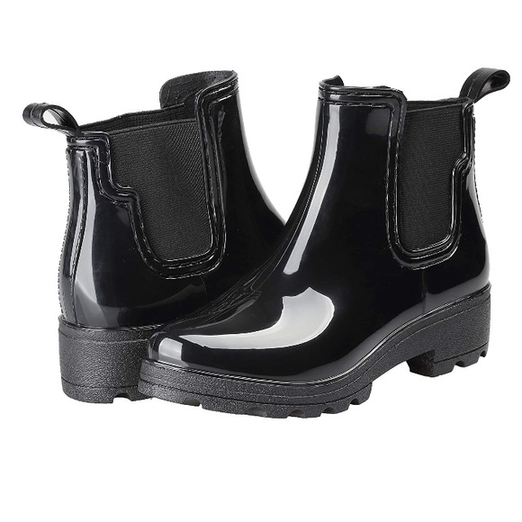 black shiny rain boots